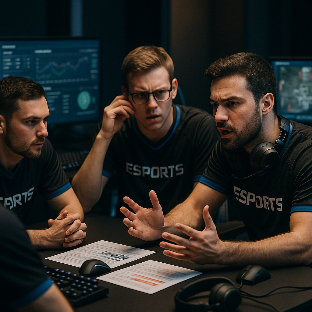 Esports team strategizing in a high-stakes environment, with gaming equipment and intense expressions.