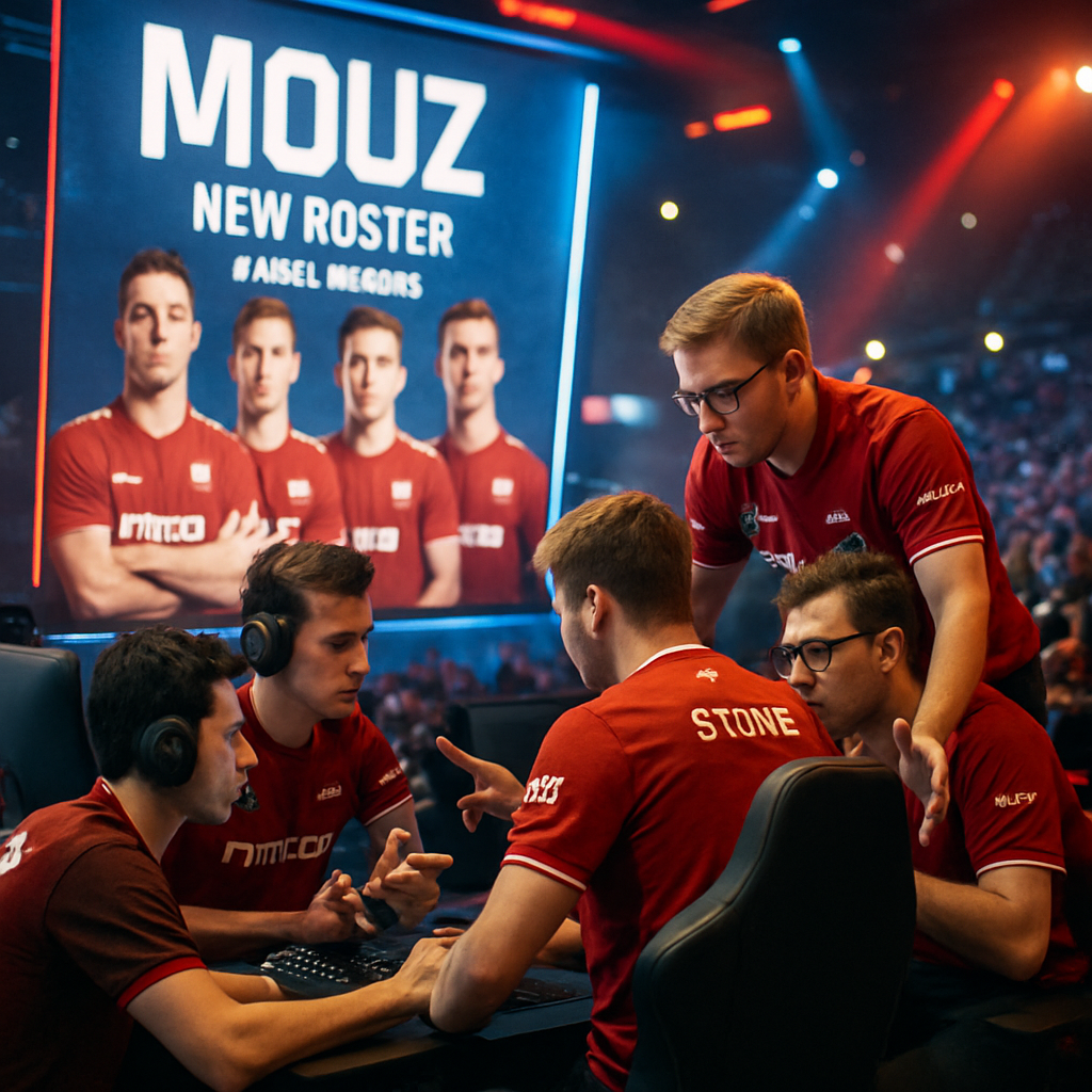 Esports team MOUZ preparing for a major tournament with new roster dynamics.